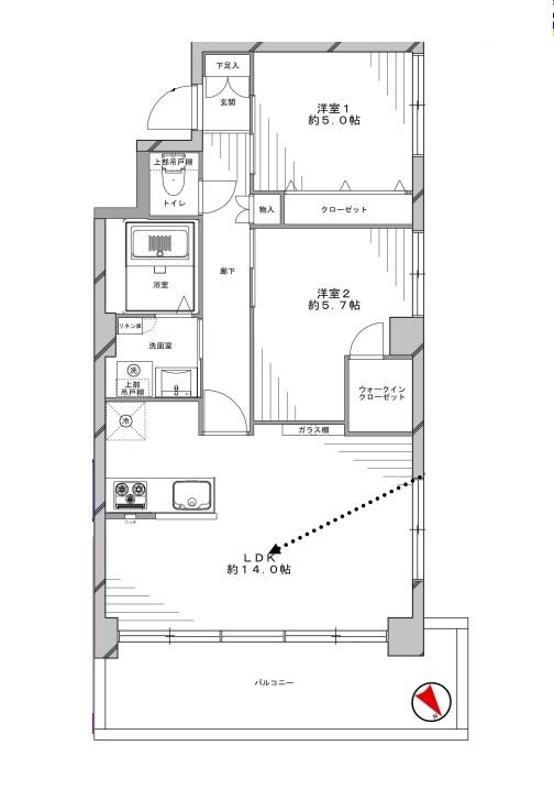 Floor plan. 2LDK, Price 44,800,000 yen, Occupied area 55.61 sq m , Balcony area 11.7 sq m