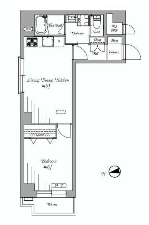 Floor plan. 1LDK, Price 21,800,000 yen, Occupied area 37.71 sq m , Balcony area 2.57 sq m