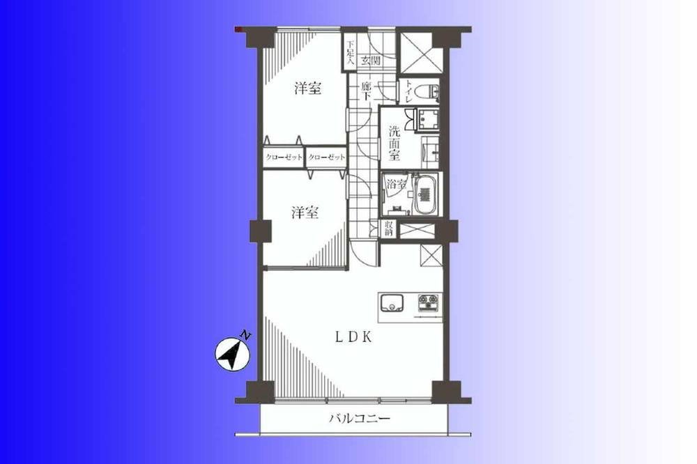 Floor plan. 2LDK, Price 54,800,000 yen, Occupied area 64.98 sq m , Balcony area 8.55 sq m   [6 floor ・ South-facing 2LDK] Entrance ・ Use of natural marble on the floor part of the corridor.