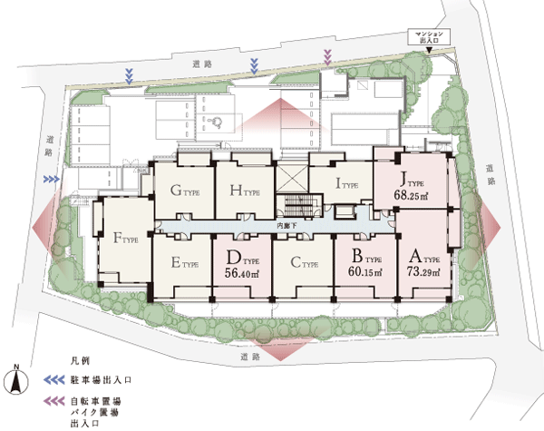 Buildings and facilities. A quiet living environment that was secluded from the main street, More lives easier -. <Oberstdorf Yoyogi-Uehara> is, Daylight four sides of the site facing the road ・ It will be born to the excellent location in the ventilation. further, By adopting a wide span design in all residence, Creative interior space feel the spread. Also, Consideration to live towards the privacy and security, The inner corridor design was also adopted. (Site layout conceptual diagram)