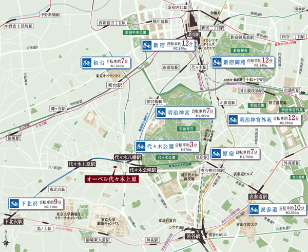 Surrounding environment. It is also recommended bicycle movement the zippy points of walks and shopping. A little to the detour if you have time, Outing of cycling mood while feeling the green it is a good idea. It is possible to access in about 12 minutes to "Shinjuku", It can also be used for commuting. (Bicycle guide map /  ※ The number of minutes on the bike is 250m / Calculated in 1 minute)