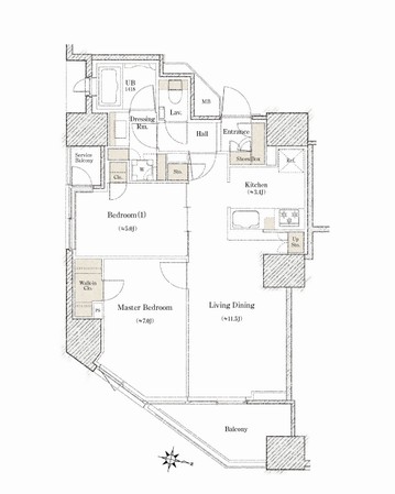 Dtype 2LDK + WIC occupied area / 61.45 sq m balcony area / 6.09 sq m service balcony area / 1.76 sq m