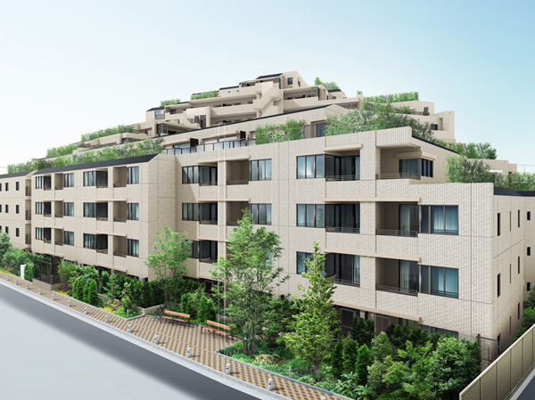 Features of the building.  [Exterior CG] Quiet and appearance, While wrapped in friendly green, Mansion landscape continuing to honor the change and rich look. The rooftop, The solar panels not only green. Environment-friendly in the household also has realized the "bulk high-voltage power receiving".