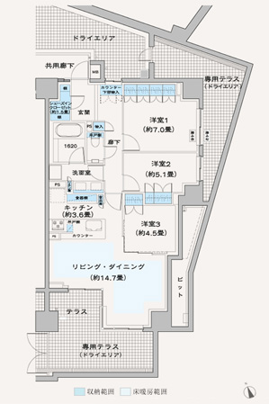 80Dg type / 3LDK, Footprint: 83.63 sq m , Terrace area: 5.6 sq m , Private terrace area: 29.18 sq m