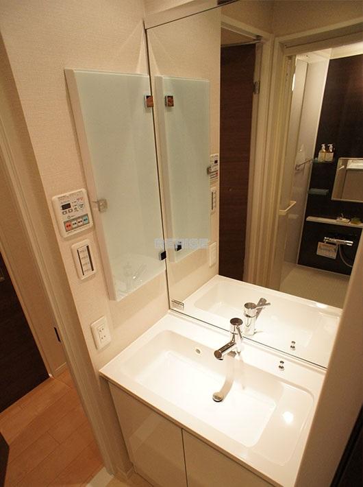 Wash basin, toilet. Stylish bathroom vanity