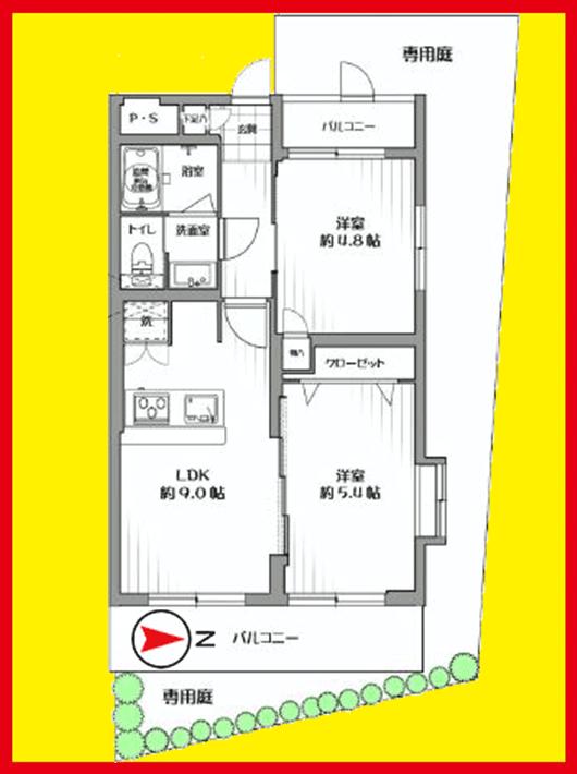 Floor plan. 2LDK, Price 25,800,000 yen, Occupied area 42.04 sq m , Balcony area 7.36 sq m