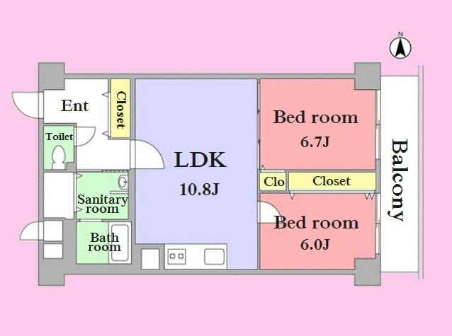 Floor plan. 2LDK, Price 28 million yen, Occupied area 59.16 sq m , Balcony area 6.96 sq m