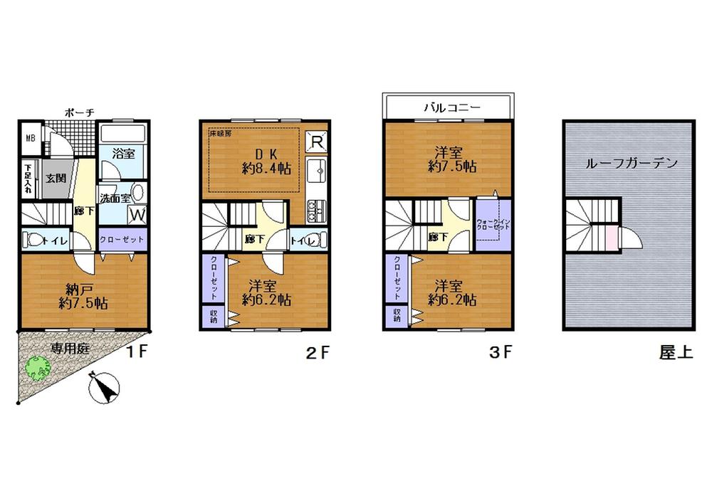 Floor plan. 3DK + S (storeroom), Price 50,900,000 yen, Footprint 100.46 sq m , Balcony area 3.96 sq m footprint 100.46 sq m ! Each room, 6 Pledge over there because of the wall-type method, Since the beam is no, You can use the widely rooms. 3F, Walk-in closet in the 7.5 pledge Western-style is very widely useful.