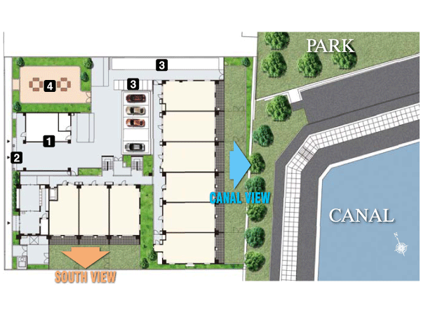 Shared facilities.  [Site layout] Lush rooftop garden and the square-shaped open space is to be used as a community space and relaxation space, It turns into a refreshing and relaxing space. Also, Remote-control chain gate and motorcycles with roof ・ Bike storage, etc., Minor considerations have been incorporated everywhere. 1: roof garden (5F), Humans and the environment-friendly healing space 2: remote control type chain gate 3: Motorcycle roofed, Minibike, Bike storage 4: Square-shaped open space