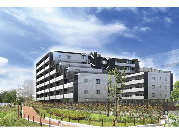 Buildings and facilities. The spread in front of the eyes, Water and green moisture certain landscape. To enjoying the city aroma of, To Oi-cho. (Exterior - Rendering /  ※ Combining the appearance Rendering that caused draw on the basis of the drawings was taken the property around (May 2013) ・ Which was processed, In fact a slightly different. Also, fence, Planting, Induce joint, Gutter, etc., we have omitted some.  ※ Planting does not indicate the status of a particular season. Also, Tree species of planting ・ About the size has become a undetermined, It does not grow to about Rendering at the time of completion)