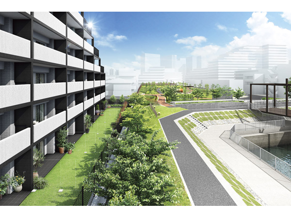 Buildings and facilities. The spread in front of the building of the eye, Water and green landscape that can be enjoyed at will the moisture of the city. (Exterior - Rendering /  ※ Which was raised drawn based on drawing, Bicycle-parking space, fence, Planting, Induce joint, It has been omitted some gutter, etc., In fact a slightly different.  ※ Planting does not indicate the status of a particular season. Also, Tree species of planting ・ About the size has become a undetermined, It does not grow to about Rendering at the time of completion)