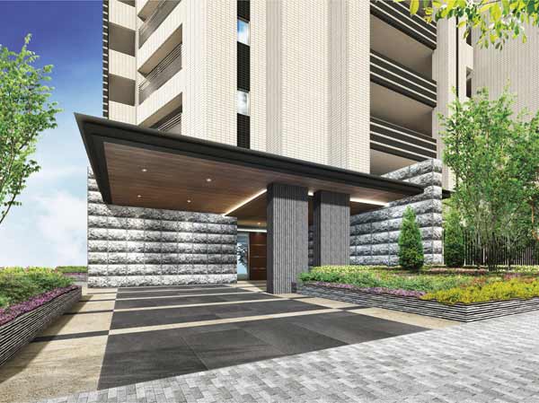 Buildings and facilities. <Kuresutoforumu Minamioi> of the entrance is the entrance of the urban and sophisticated Yingbin. A large eaves of warm wood and welcome gently people. To satisfy the people who live in the such as the guest and here floor cherish the harmony of the wall and the city of some uneven finish an impressive stone paste, Dignified exudes an elegant atmosphere. (Rendering)