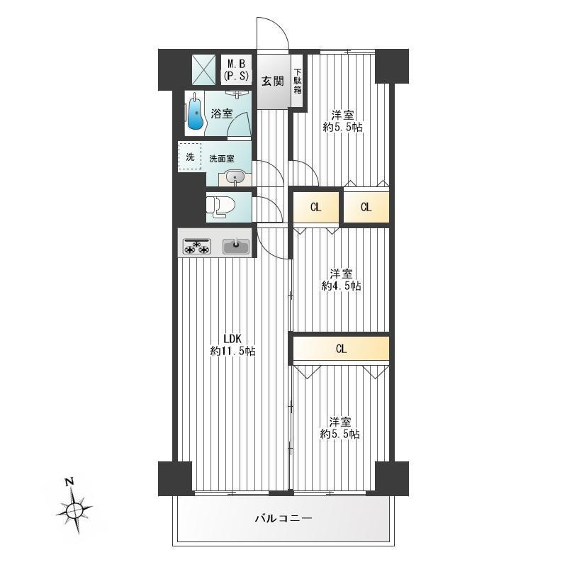 Floor plan. 3LDK, Price 31,800,000 yen, Footprint 60.5 sq m , Balcony area 6.6 sq m