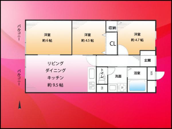 Floor plan. 3LDK, Price 27,800,000 yen, Occupied area 57.12 sq m , Good views per balcony area 6.72 sq m top floor