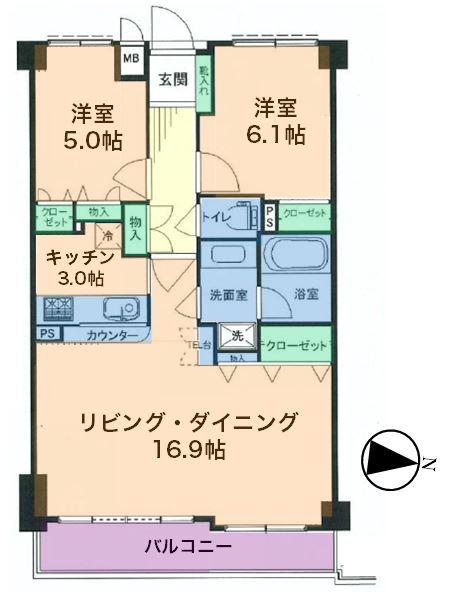 Floor plan. 2LDK, Price 49,800,000 yen, Occupied area 68.28 sq m , Balcony area 6.8 sq m wide span 2LDK
