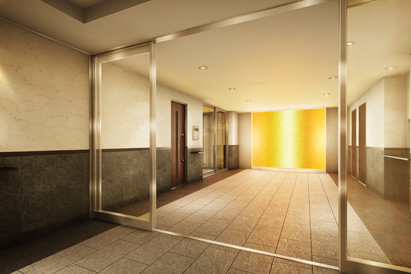 Shared facilities.  [Entrance Hall Rendering] Entrance Hall, which directed the peace greet gently Who are your return home. In light wall arranged in front, Adopted orange (orange) color of the paper to be displayed beautifully in response to the light. From generation to generation in this area (the orange) living residences to be spliced, With great feeling that, We designed a space that is warm as the residence of the symbol.