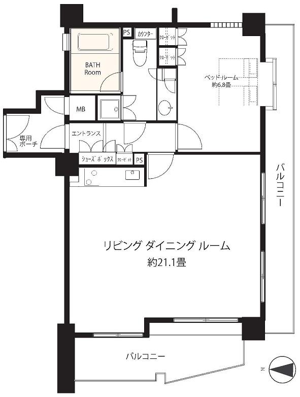 Floor plan. 1LDK, Price 39,800,000 yen, Footprint 61.2 sq m , Balcony area 19.23 sq m