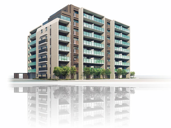 Shared facilities.  [A number of materials to enhance the beauty of the mansion] The outer wall, Produce a sense of quality adopted, such as 45 SanteiKake tiles Nichogake tiles and porcelain of stoneware quality with reduced gloss. I used the tile of British style with a sense of fashion is to further the floor of the approach. The color of the material, of course, By consideration to a sense of material, We have to create the mansion feel the freshness and elegance. (Exterior view)