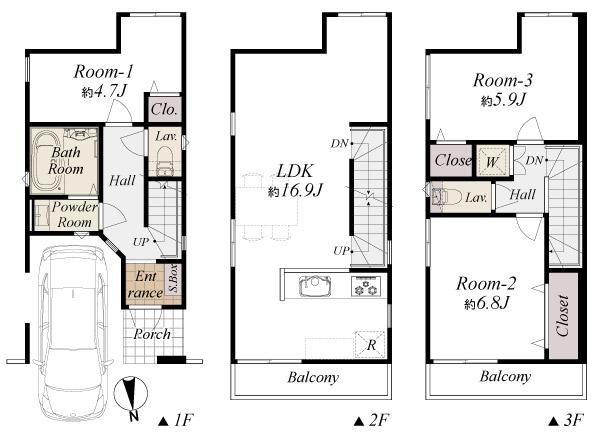Building plan example (floor plan). Building plan example (C partition) 3LDK, Land price 34,300,000 yen, Land area 53.31 sq m , Building price 15.5 million yen, Building area 84.6 sq m