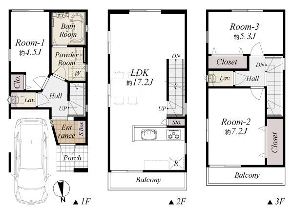 Building plan example (floor plan). Building plan example (F compartment) 3LDK, Land price 39,300,000 yen, Land area 53.31 sq m , Building price 15.5 million yen, Building area 84.89 sq m