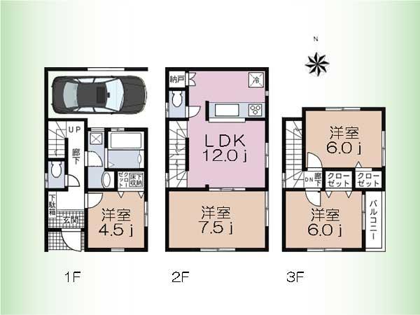 Floor plan. (3 Building), Price 66,800,000 yen, 4LDK, Land area 60 sq m , Building area 96.79 sq m