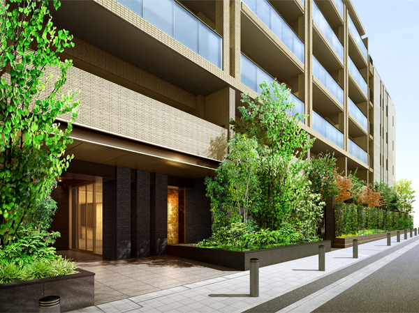 Features of the building.  [Entrance Rendering] It reflected in the eyes of those who walked from the train station, Pleasant green of succession. Wrapped in moisture some landscape, Residence filled with foreboding to fine living. Draw a new beauty to the streets, A certain pride of the people live, A New Oimachi mansion is born.