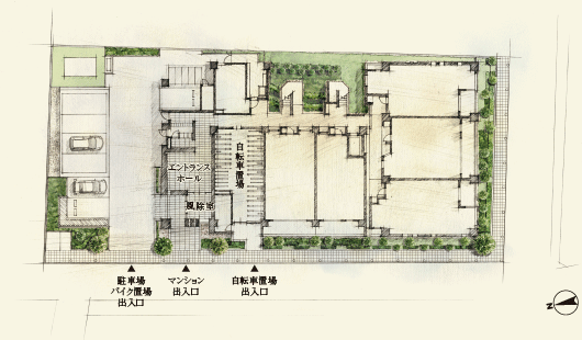 Features of the building.  [Site placement illustrations] It has been chosen lush greenery to the streets, The site planning with consideration to safety, Pedestrian ・ car ・ They were separated flow line of the bicycle, Site planning, full of kindness to the peace and life. Worthy of the city, And sophisticated look with quality, The flavor as a "mansion", Feel a certain pride 49 House.