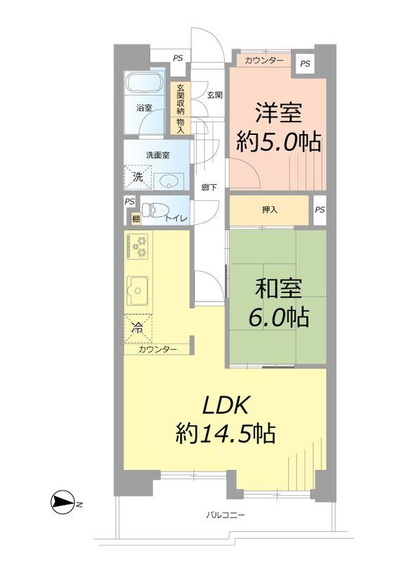 Floor plan. 2LDK, Price 36,980,000 yen, Occupied area 59.91 sq m , Balcony area 7.89 sq m