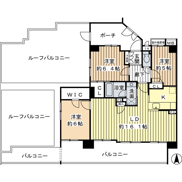 Floor plan. 3LDK, Price 56,800,000 yen, Occupied area 77.74 sq m , Balcony area 23.54 sq m