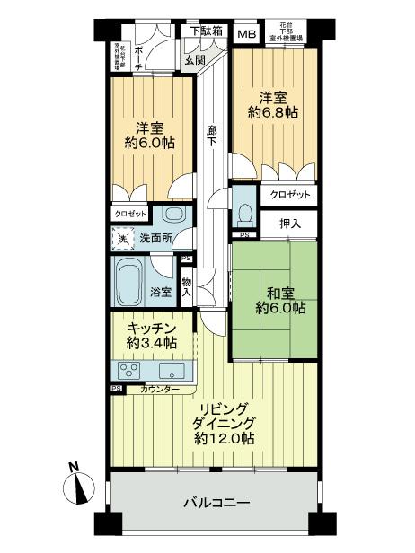 Floor plan. 3LDK, Price 56,800,000 yen, Occupied area 77.52 sq m , Balcony area 11.97 sq m footprint: 77.52 sq m , Pouch: 2.63 sq m