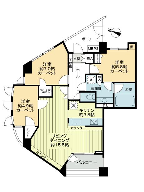 Floor plan. 3LDK, Price 59,800,000 yen, Occupied area 81.42 sq m , Balcony area 4.74 sq m