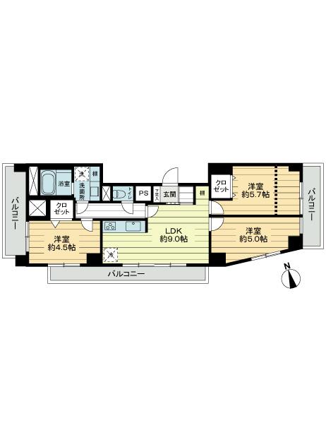 Floor plan. 3LDK, Price 31,800,000 yen, Occupied area 65.16 sq m , Balcony area 15.4 sq m south ・ east ・ 3 direction dwelling unit of the West 3 sided floor plan of the balcony ※ . , 5.7 Pledge Western-style but partition wall of notation by the dotted line exists, Until delivery. To, It will change to the floor plan of 3LDK to remove the dotted line of the partition wall