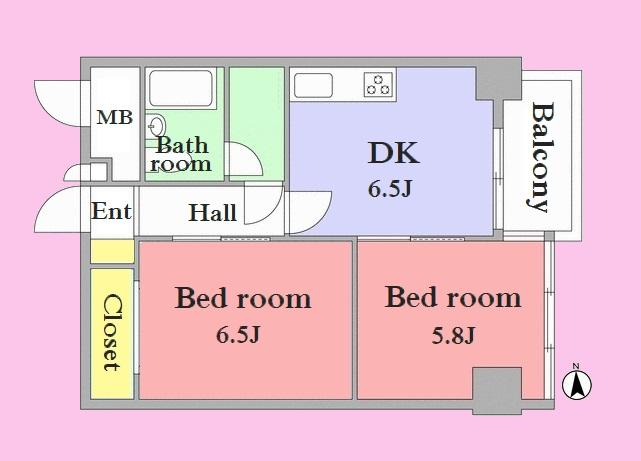 Floor plan. 2DK, Price 19.5 million yen, Occupied area 44.24 sq m , Balcony area 3.9 sq m