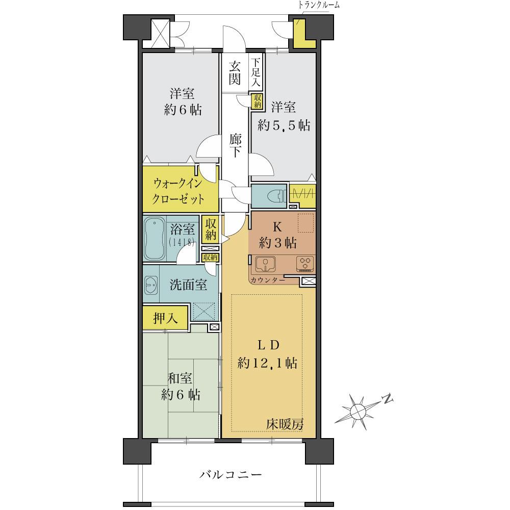 Floor plan. 3LDK, Price 41,800,000 yen, Occupied area 77.03 sq m , Balcony area 10.6 sq m