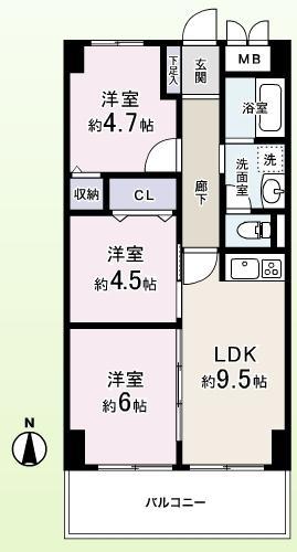 Floor plan. 3LDK, Price 27,800,000 yen, Occupied area 57.12 sq m , Balcony area 6.72 sq m
