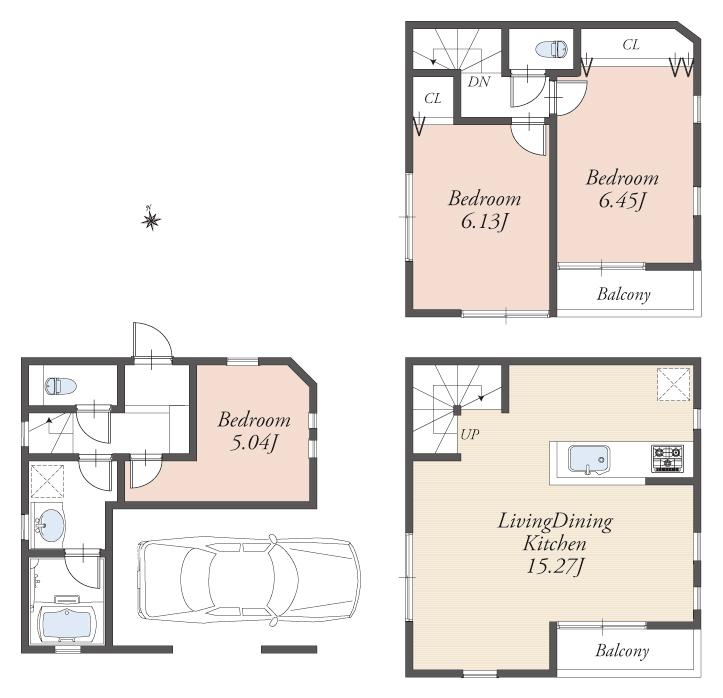 Building plan example (floor plan). Building plan example (B compartment) 3LDK, Land price 52 million yen, Land area 47.77 sq m , Building price 13.8 million yen, Building area 75.53 sq m