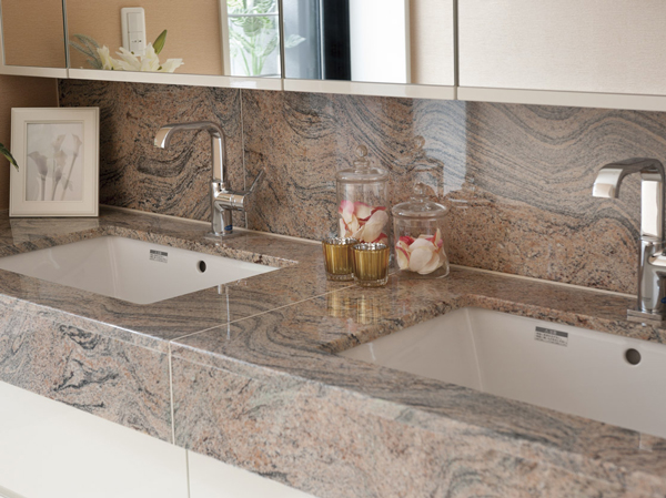 Bathing-wash room.  [Powder Room] Powder room which adopted the counter and the wide windows of the 2 bowl, Director makes a graceful moments.