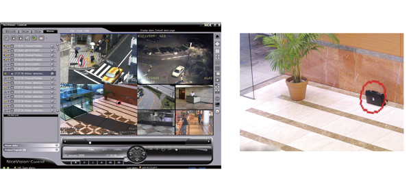 Security.  [Nice vision] "Nice Vision" analyzes the image of the security camera, A suspicious person in the prowl and left behind a suspicious object to automatic detection stand out on the monitor, This is a system that transmits the alarm. In certain area set by the security camera, Send out the alarm and the only people who prowl specific time or more to automatic detection. Also send out the alarm for objects that have been left for a certain period of time, Automatically play the image of the event who is placed at the time of discovery. (Nice vision image)