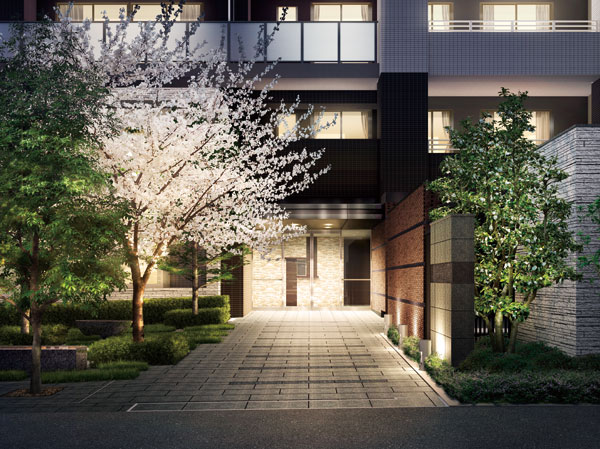 Shared facilities.  [Nestled home of warmth is felt] Entry gate to enter to be greeted by abundant trees of the Garden Square. Horizontal line of nestled in the material sense of calm of firing brick wall, And by the tension classification of floor tiles, Depth is born in space. The back of the entrance Tomos to medium so are invited to light. Warm and friendly story beginning of. (Entry gate Rendering)