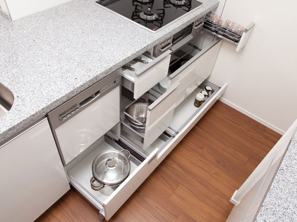 Kitchen.  [Slide storage] With a soft-close feature that gently opening and closing, It adopted a slide storage that can be functionally storage eliminating the dead space.
