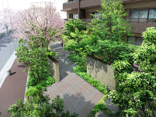 Features of the building.  [Place of relief] The Midorikei like Komu melt on a tree-lined and park that follows from the station, It was to create a space that was set back from the road. Painted of the, Pavement of interlocking pavement and granite, Designed by Wall that was constructed so as to integrate the garden and the mansion gate, etc., It is quality Naru landscape that does not remain a mere "moisture". Landscape design supervision is, Housing ・ Mr. widely maker Shoto Masaoki until the landscape design of the individual garden (landscape architect ・ Landscape designer). (Rendering)