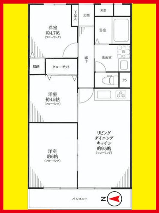 Floor plan. 3LDK, Price 27,800,000 yen, Occupied area 57.12 sq m , Balcony area 6.72 sq m