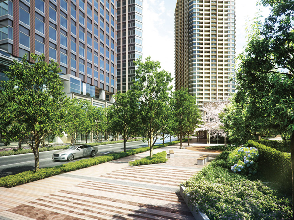 Features of the building.  [Welcome Square] Square to welcome the people as the entrance of the town. People and the town meeting, Meeting people and the people, Aim the garden, such as "smile of greeting" is born under the green shade of a tree.