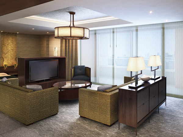 Shared facilities.  [Guest Suite KURUMI] Guest room of about 70 sq m which arranged the sum spatial to tree the theme of "walnut". Enjoy the view of the wide span, It features a living. It can be used as a twin, "Guest Suite SAKURA" of about 38 sq m , Also available "Guest Suite KAEDE" of about 30 sq m.