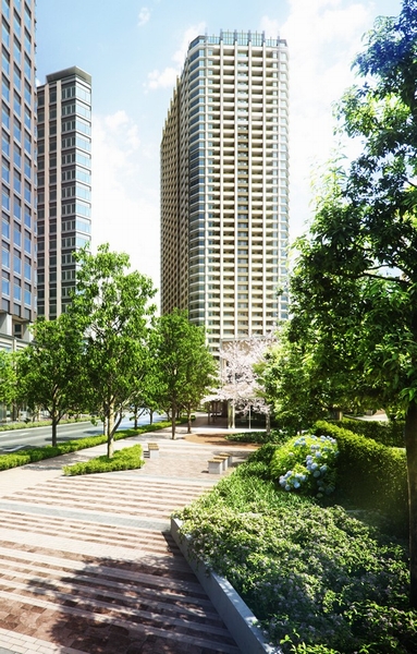  [Welcome Square] Square to welcome the people as the entrance of the town. We aim to garden, such as "smile of greeting" is born under the green shade (Rendering)