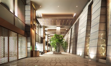  [Cascade Hall] 2-layer blow-by of dynamic entrance hall. Cascade and trees reminiscent of the town of water and greenery is decorated (Rendering)