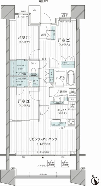 Floor plan J type 3LDK / Occupied area 74.20 sq m / Balcony area 21.39 sq m (2 floor), 12.40 sq m (3 ~ 18th floor)