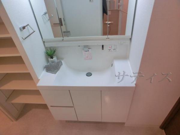 Wash basin, toilet. Vanity triple mirror