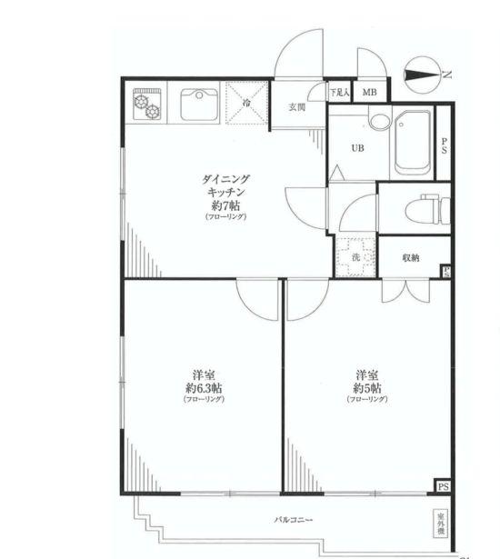 Floor plan. 2DK, Price 19,800,000 yen, Occupied area 36.19 sq m , Balcony area 3.57 sq m