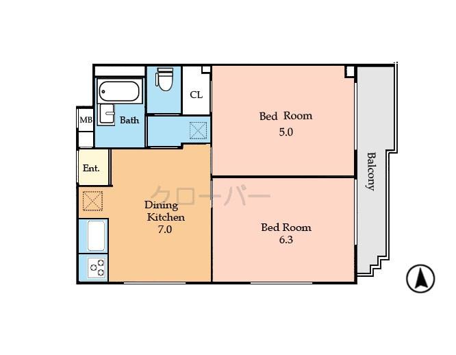 Floor plan. 2DK, Price 19,800,000 yen, Occupied area 36.19 sq m , Balcony area 3.57 sq m